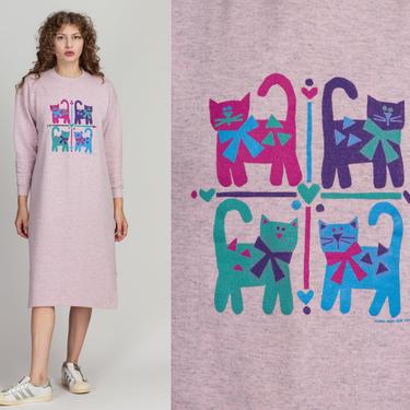 90s Pink Cat Sweatshirt Dress - Petite Small to Medium | Vintage Loungewear Midi Sweater Dress 