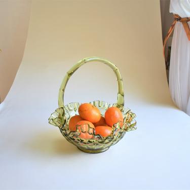 Vintage Fenton Glass Basket Colonial Green Thumbprint Applied Bamboo-style Crimped Handle w/ Ruffled Edge | Fruit Basket | Bathroom Decor 
