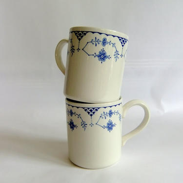 2 Vintage Furnivals Blue Denmark Ceramic Mugs - made in England, Blue and White, Pair, Floral, Coffee, Tea, Danish, Mussel 