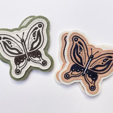Handmade / hand embroidered butterfly felt patch - off white, green and gray or tan, off white and navy 