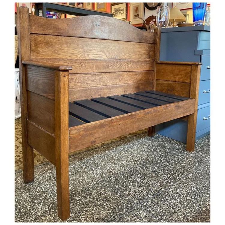 Oak wood bench / made from an old bed headboard 55.5” wide / 19.5” deep / 30” height- armrest/ 18.3” height-seat 