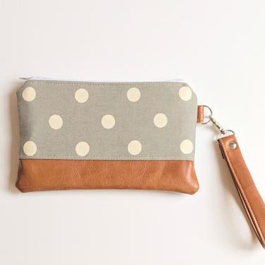 Gray and White Polka Dot Wristlet: Small Bag, Wristlet Clutch, Bridesmaid Gift, Phone Wristlet 