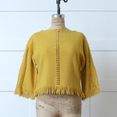 vintage 1960s mustard yellow hand woven top by Kouros, Greece • fringed bell sleeve blouse in soft natural linen & silk 