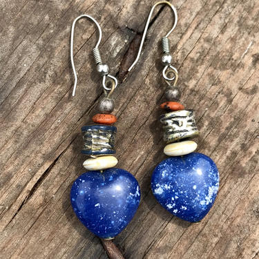 Vintage Lapis Earrings Heart Shaped Dangle Earring 90s Fashion Estate Jewelry Blue Hearts 