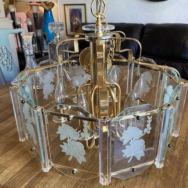 Spice It Up | 1980s Brass and Lucite Chandelier with Etched Floral Design