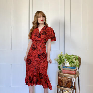 S/M Vintage 1940s Style Black and Red Rose Print Salsa Dress 