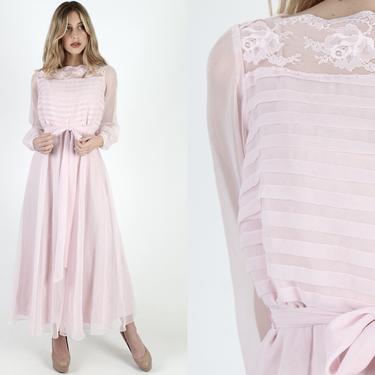 Vintage Pink Chiffon Maxi Dress Long Sheer See Through Sleeve Dress 70s Solid Color Plain Scallop Lace Sexy Full Skirt With Sash 