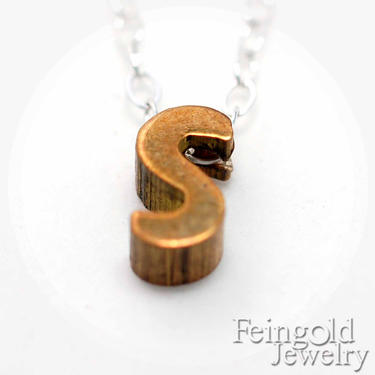 Tiny S Necklace - Letter - Initial Pendant - Vintage Brass Letter on Sterling Silver Chain - Free US Shipping 