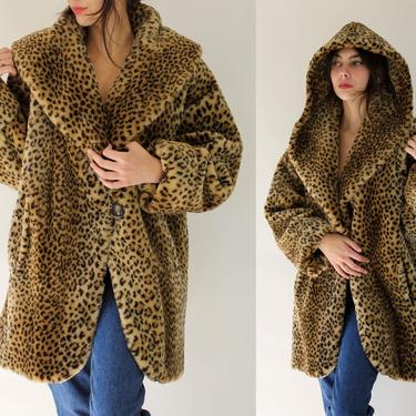 Vintage 90s Marvin Richards Leopard Faux Fur Swing Jacket w/ Hood | Made in USA | Streetwear, Uptown, Boho, Boxy Fit | 1990s Designer Coat 