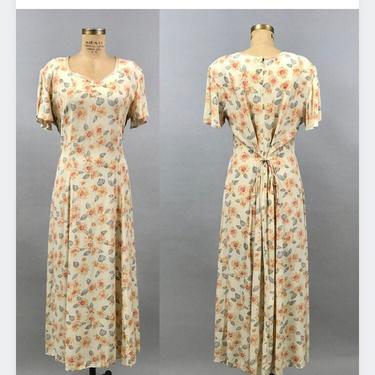 1990's Pale Yellow Floral Midi Dress with Flutter Sleeves 