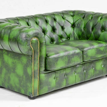 Loveseat, Chesterfield, British Green Bonded Leather,Tufted, Nail Head, Sofa