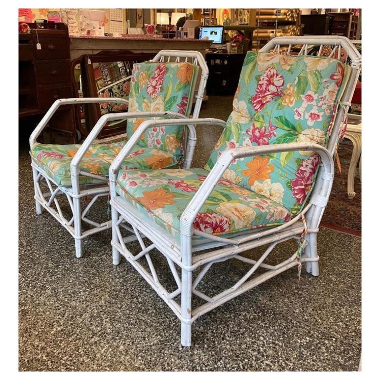 White rattan / floral cushions porch chairs 