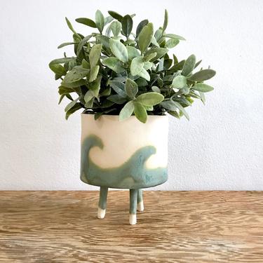 Ocean Waves Planter Pot - Footed Desktop Small Planter Pot - 3 Legged Handmade Kiln Fired Ceramic Plant Holder - MADE TO ORDER 