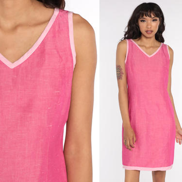 Pink Mini Dress Ringer Sheath Dress 90s Party Sleeveless Vintage 1990s Simple Plain Shift Hourglass Rayon Linen Small S 