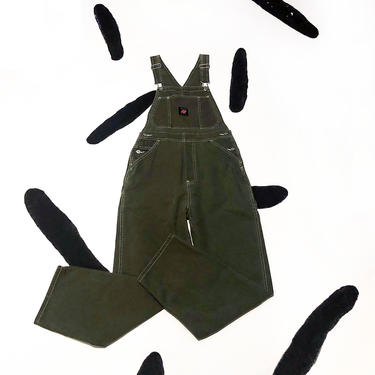 90s Olive Green Overalls / Pants / Utility / Workwear / Grunge / Pockets / Contrast Stitch / Topstitch / XS / Small / Womens / Cotton / 