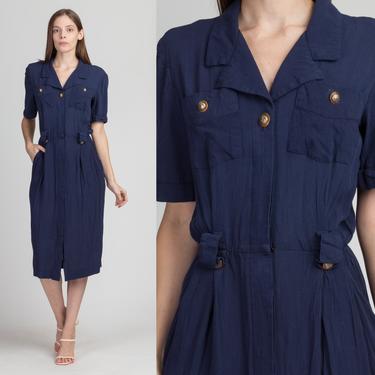 Vintage Leslie Fay Blue Midi Shirtdress - Small to Medium | 80s 90s Button Up Rayon Epaulette Dress 