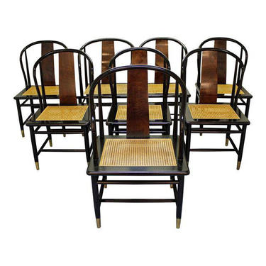 Set of 8 Mid-Century Asian Modern Henredon Black Lacquer Cane Dining Chairs 