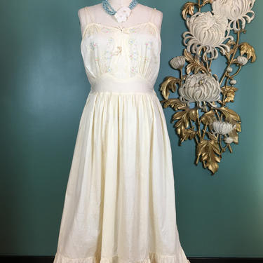 1970s cotton dress, vintage 70s sundress, embroidered dress, pale yellow dress, handkerchief dress, medium, 70s slip dress, feminine, 34 