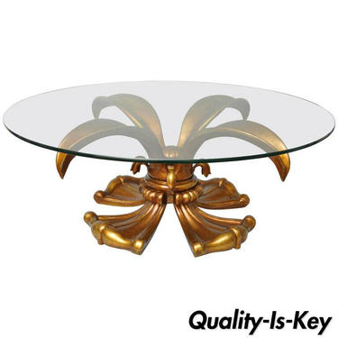 Hollywood Regency Gold Cast Aluminum Lotus Lily Pedestal Round Coffee Table