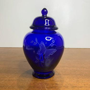 Vintage Fenton Glass Cobalt Blue Temple Jar Sandblasted Butterfly 