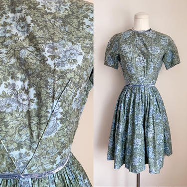 Vintage 1950s Moss Green &amp; Blue Floral Cotton Dress / XS 