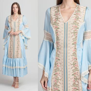70s Boho Blue Tapestry Angel Sleeve Maxi Dress - Large | Vintage Sheer Lace Trim Floral Renaissance Prairie Hippie Gown 