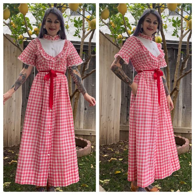 Vintage 1970’s Red Gingham Frilly Maxi Dress 