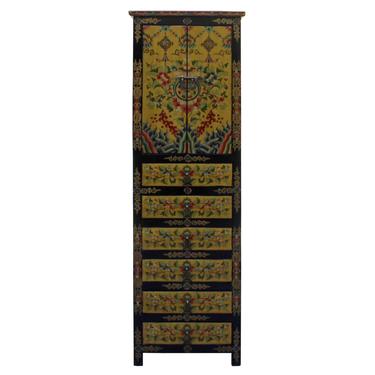 Chinese Tibetan Flower Graphic Tall Slim Multi Drawers Cabinet cs3915S