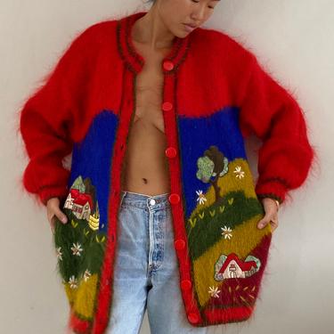 80s scenic mohair cardigan sweater / vintage hand knit red mohair scenic farm landscape sheep country oversized sweater coat | L XL 