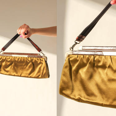 Vintage 90s Y2K MARNI Gold Silk and Dark Brown Leather Envelope Clutch Handbag | Made in Italy | 1990s 2000s Italian Designer Clutch Purse 