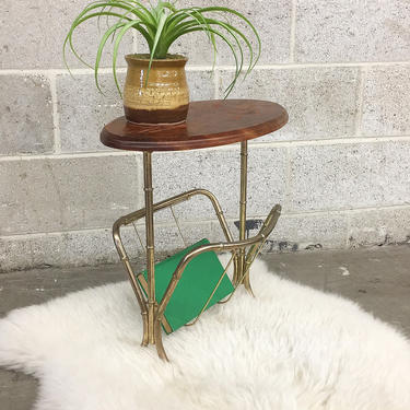 Vintage Side Table Retro 1990s Magazine and Book Rack + Gold Metal Bamboo Frame + Oval Wood Top + End Table + Home Decor + Storage 