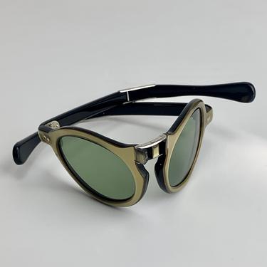 1960'S Folding Sunglasses - Green Glass Lenses - Light Olive Plastic Hinged Frames - Optical Quality Frames 