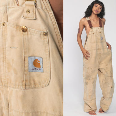 90s CARHARTT Overalls Tan Streetwear Cargo Dungarees Coveralls Workwear Overalls Distressed Long Utility Work Wear Vintage Medium Large 