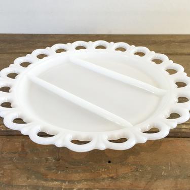 Scalloped Lace Edge Milk Glass Serving Platter, Round 3-Part Serving Dish Appetizer Dessert Tray, Vintage Shabby Chic Decor by ArchiveHomeVintage