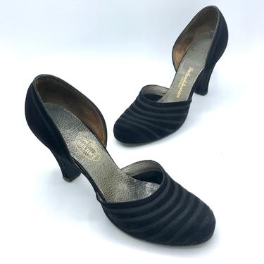 Vintage 1940s Black Suede I. Miller High Heel Pumps, US Size 7A 