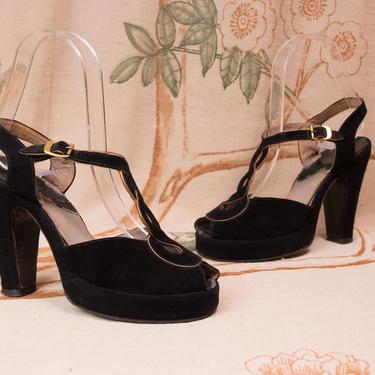 1940s Shoes - Size 4 B - Gorgeous Vintage 40s Suede Platform with Metallic Gold T-Strap 