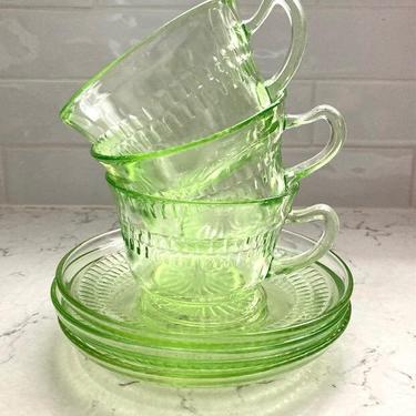 6 Piece Vintage Depression Era Uranium Green Glass Tea Cup & Saucer Set, Antique Neon Green Glass Tea Cup and Saucers by LeChalet