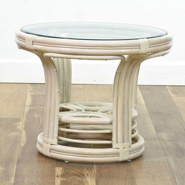 Coastal Bentwood & Rattan End Table W Glass Top