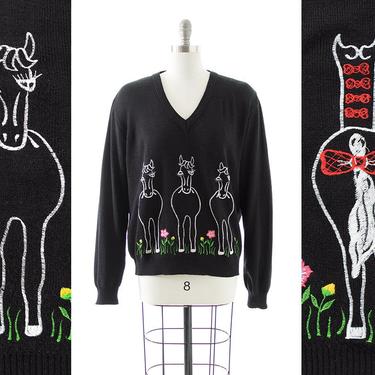 Vintage 1970s Sweater | 70s CYN-LES Horse Heads &amp; Tails Novelty Embroidery Knit Black Acrylic Pullover Sweater Top (large/x-large) 