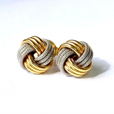 Chic Vintage 14K Yellow &amp; Textured White Gold Love Knot Stud Earrings 