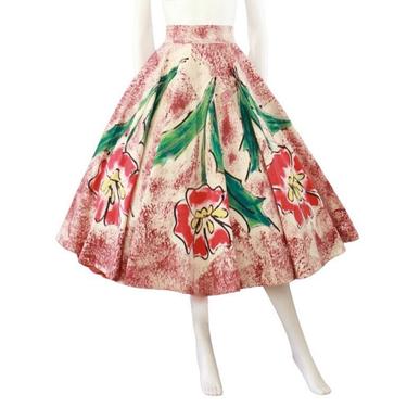 STUNNING 1950s Jim Tillett Hand Painted Skirt - 1950s Mexican Circle Skirt - 50s Red Floral Skirt - 1950s Novelty Print Skirt | Size Medium 