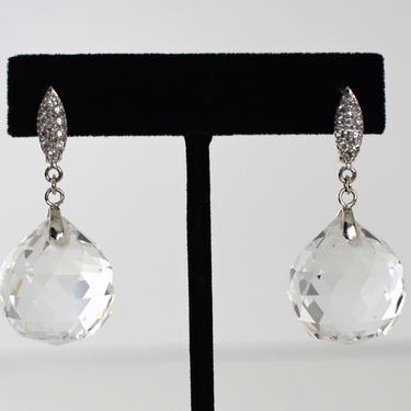 80's 925 silver lead crystal rhinestone big statement dangles, fabulous sterling faceted globes clear crystal bling earrings 