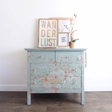 Teal Blue Dresser with Floral Design - Farmhouse Dresser - Painted Furniture - Vintage Furniture - Shabby Chic Dresser - Flower Decor - Girl 