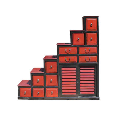 Chinese Distressed Brick Red Black Tansu Step Cabinet cs5788E 