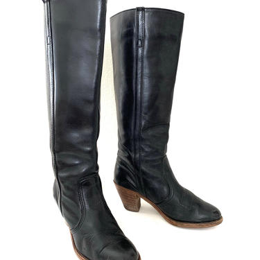 Vintage 1970s DEXTER Women's Black Knee High Boots ~ size 7 M ~ Western ~ Hippie / Boho ~ Cowboy / Rockabilly ~ Stacked Heel ~ Tall 