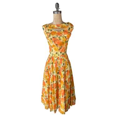 1950s orange and yellow floral print dress 