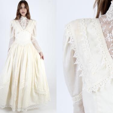 Jessica McClintock Ivory Wedding Dress Victorian Bridal Ball Gown Full Skirt Prom Dress Vintage 80s Renaissance Lace Floor Length Maxi Dress 