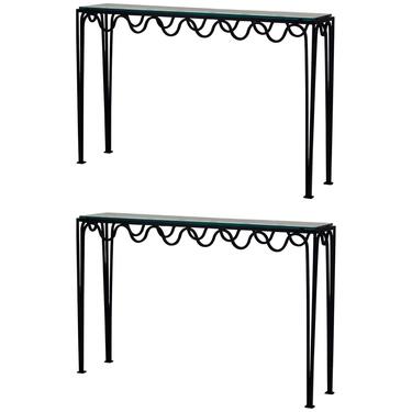 Pair of Long 'Méandre' Wrought Iron and Glass Consoles by Design Frères