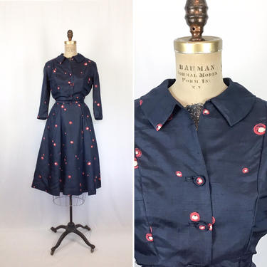 Vintage 50s dress | Vintage dot print silk shirt waist dress | 1950s  mod print navy blue dress 