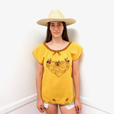 Sunflower Gauze Blouse // vintage 70s 1970s high waist cotton boho hippie Mexican embroidered dress hippy // O/S 